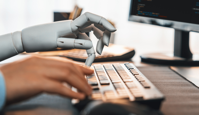Program coding automation by generative artificial intelligence or AI concept. Collaboration between robotic hand and human software developer solving, debugging or writing script.Trailblazing