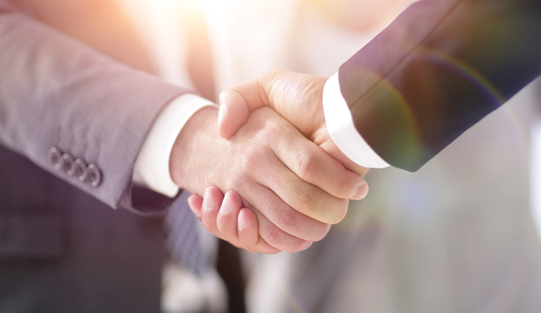 closeup of handshake of business partners on the background of business team