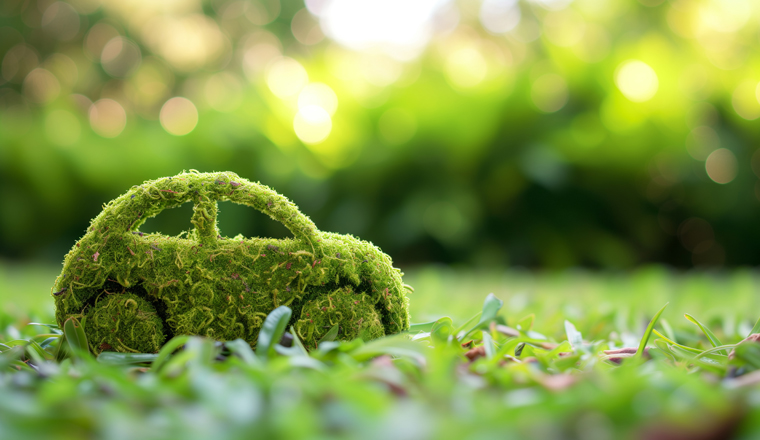 A green toy car concept is covered in lush green moss and sits in on grass