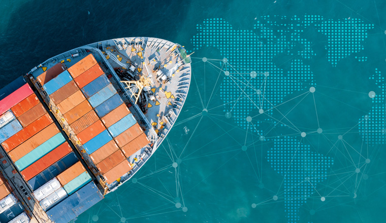 Top-down aerial view of a large container cargo ship moving over the open ocean with copy space. Logistics and transportation. Banner background